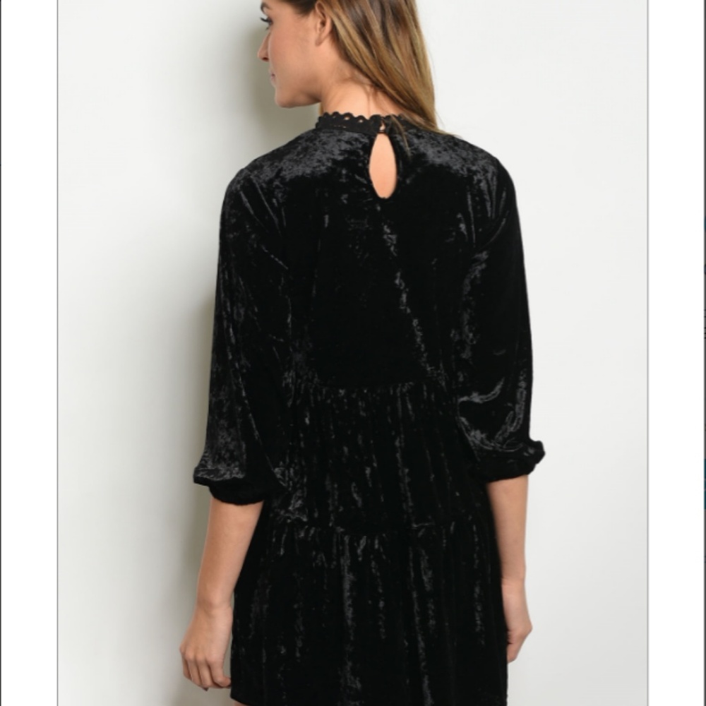Black Crushed Velvet Boho Hippie Dress - Picture 3 of 7